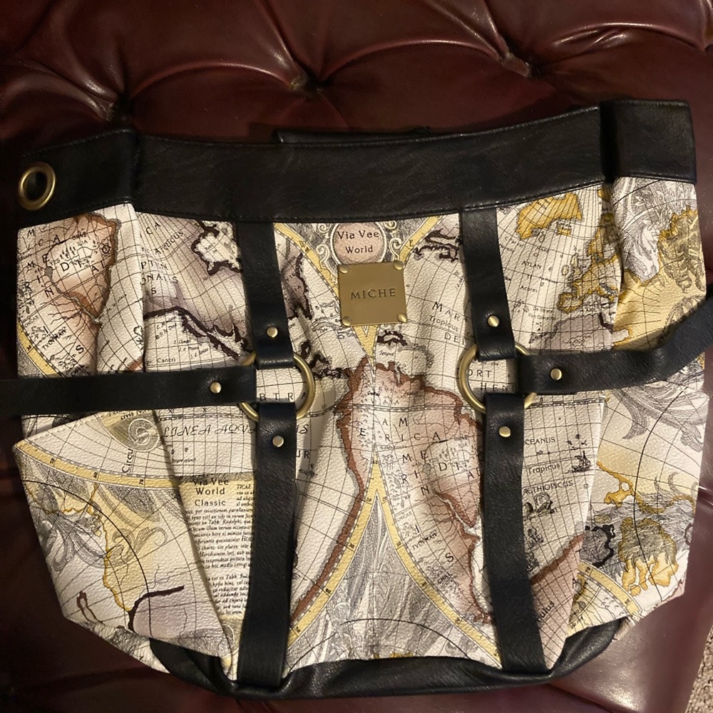 Discontinued Miche Women's Map Print Tote Bag - Black and Cream Fits Demi Base